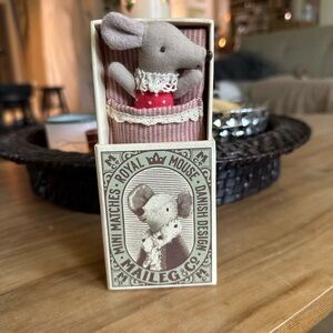 Maileg sleepy wakey baby in red w bedding and box.